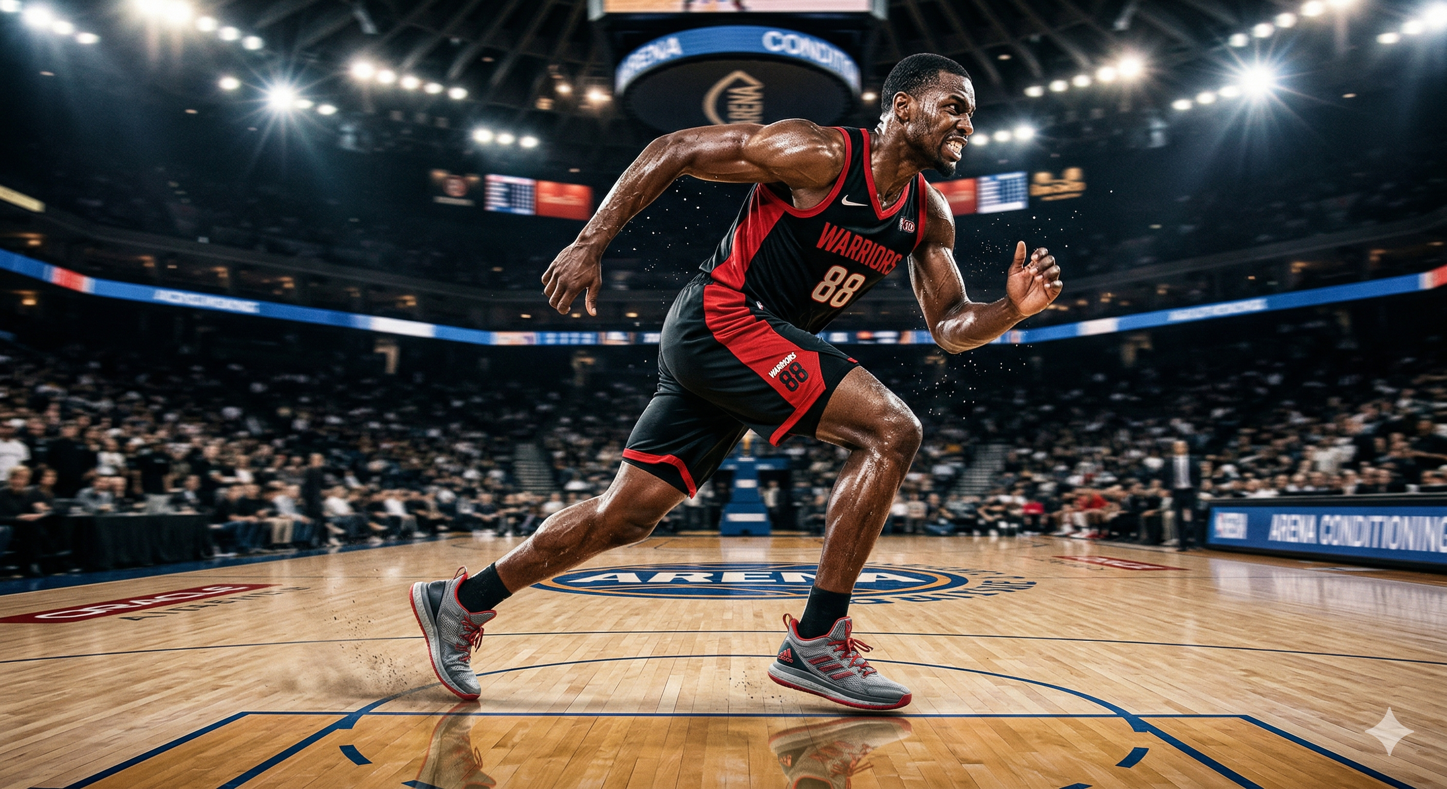 Basketball player sprinting on court